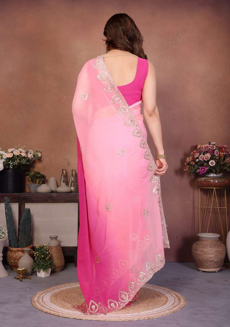 Rose Pink Georgette Blend Saree with Embroidered for Diwali | Wedding & Festive Wear - Indya