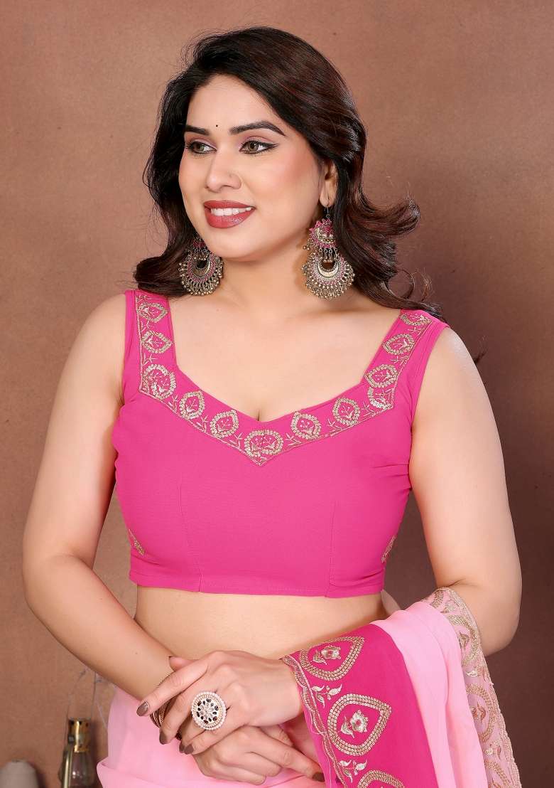Rose Pink Georgette Blend Saree with Embroidered for Diwali | Wedding & Festive Wear - Indya