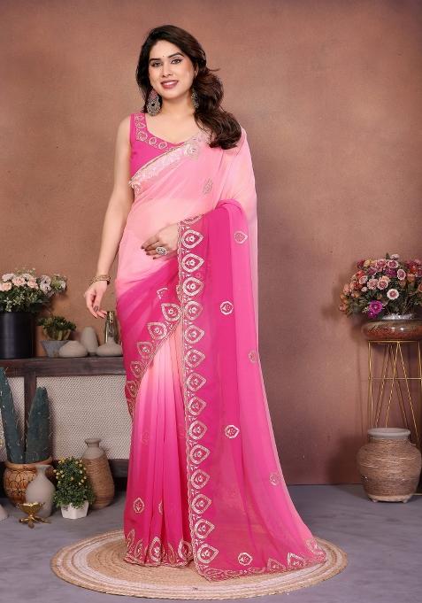 Rose Pink Embroidered Silk Saree