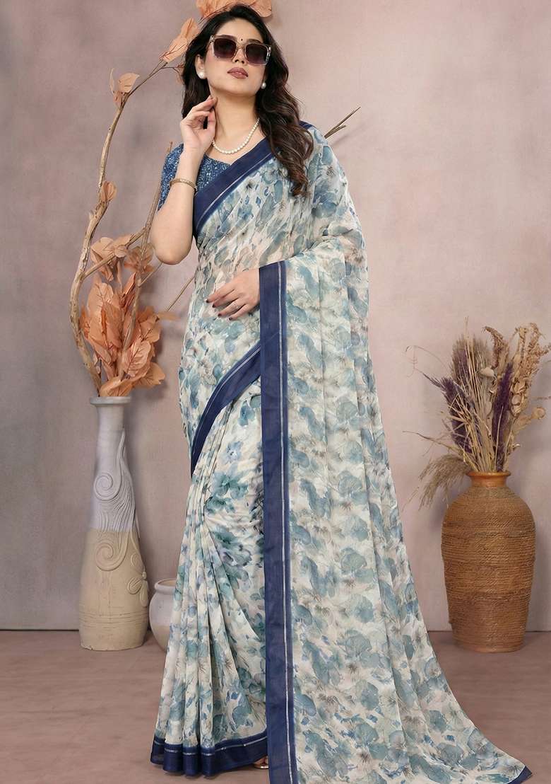 Blue Printed Satin Saree for Diwali and Festive Wear - Indya