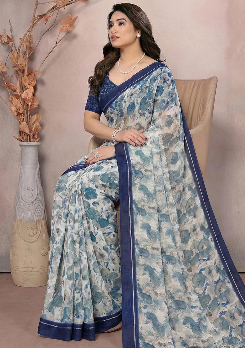 Blue Printed Satin Saree - Indya