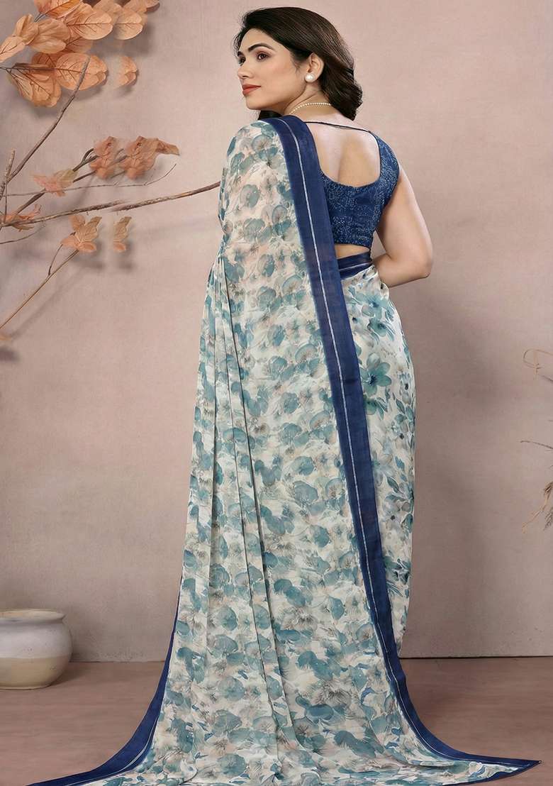 Blue Printed Satin Saree for Diwali and Festive Wear - Indya