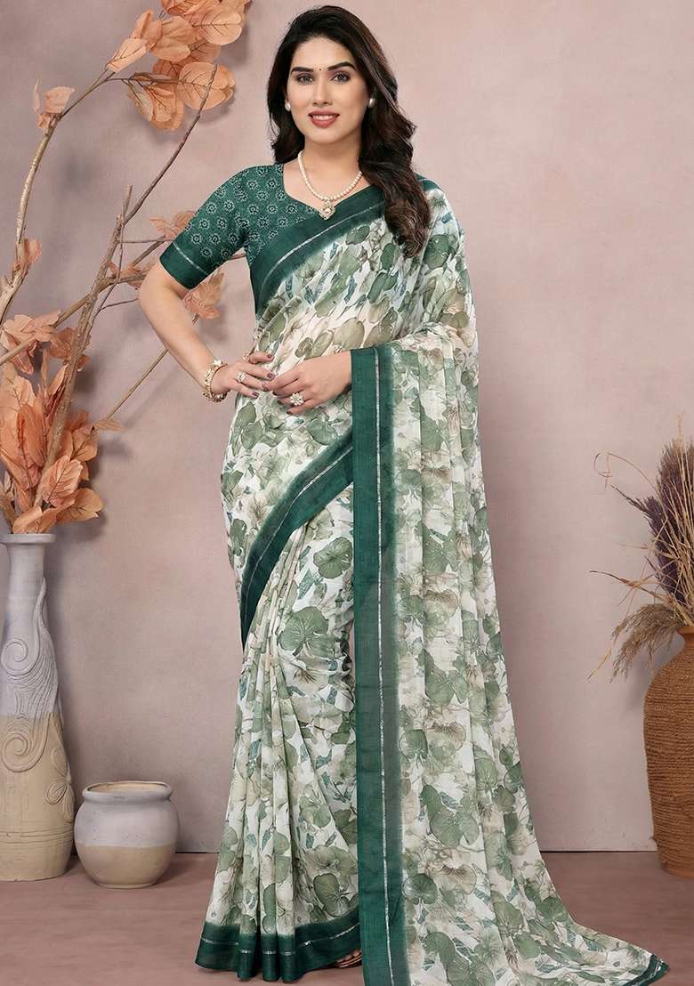 Green Printed Satin Saree for Diwali and Festive Wear - Indya
