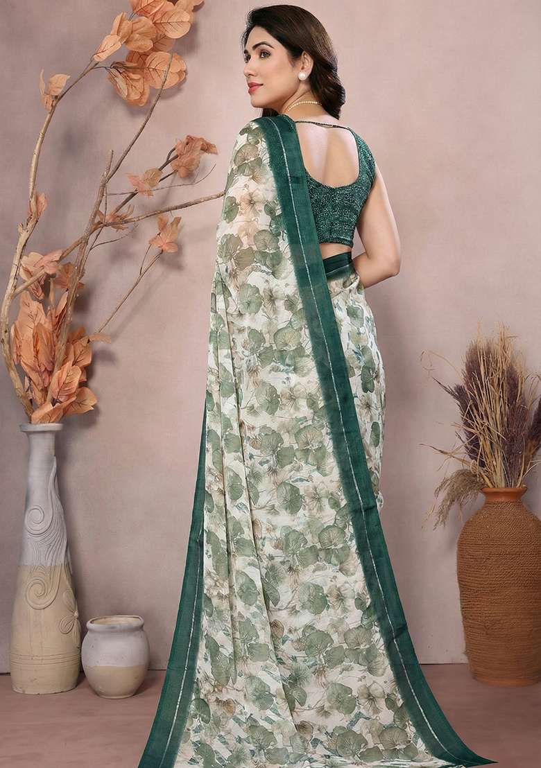 Green Printed Satin Saree for Diwali and Festive Wear - Indya