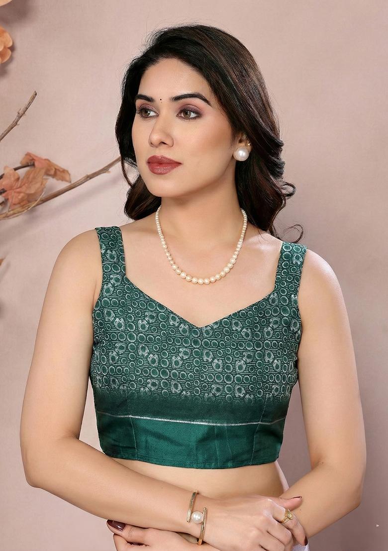 Green Printed Satin Saree - Indya