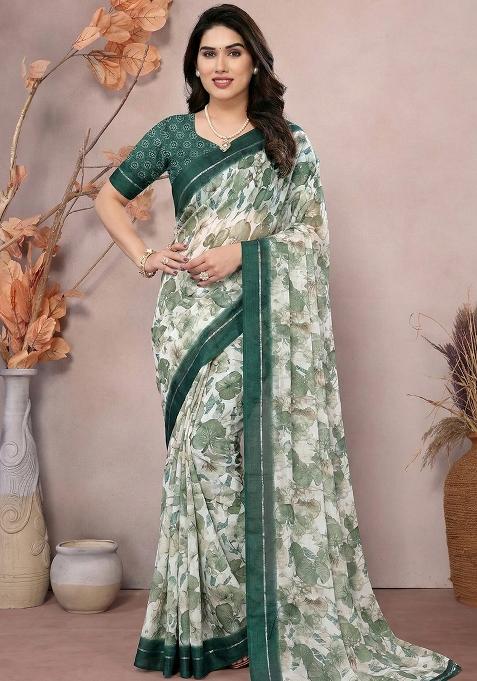 Green Printed Satin Saree