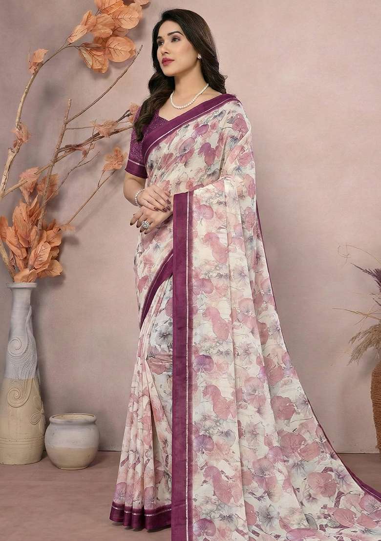 Purple Satin Saree with Printed for Diwali | Wedding & Festive Wear - Indya