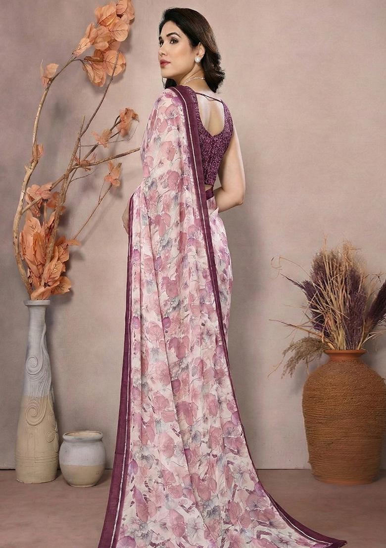Purple Printed Satin Saree - Indya