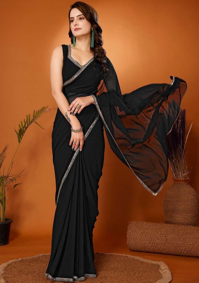 Black Solid Georgette Blend Saree for Diwali | Wedding & Festive Wear - Indya