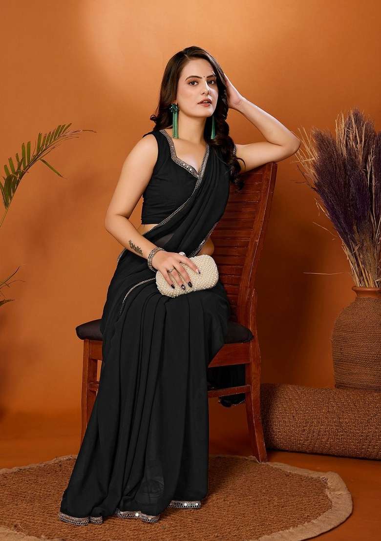 Black Solid Georgette Blend Saree for Diwali | Wedding & Festive Wear - Indya