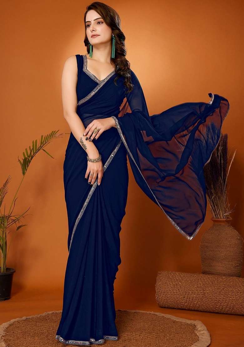 Navy Blue Solid Georgette Blend Saree for Diwali and Festive Wear - Indya