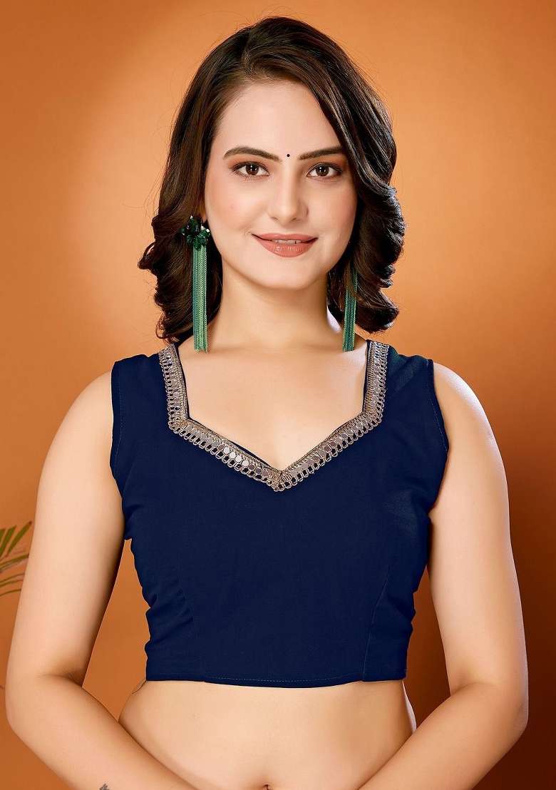 Navy Blue Solid Georgette Blend Saree for Diwali and Festive Wear - Indya