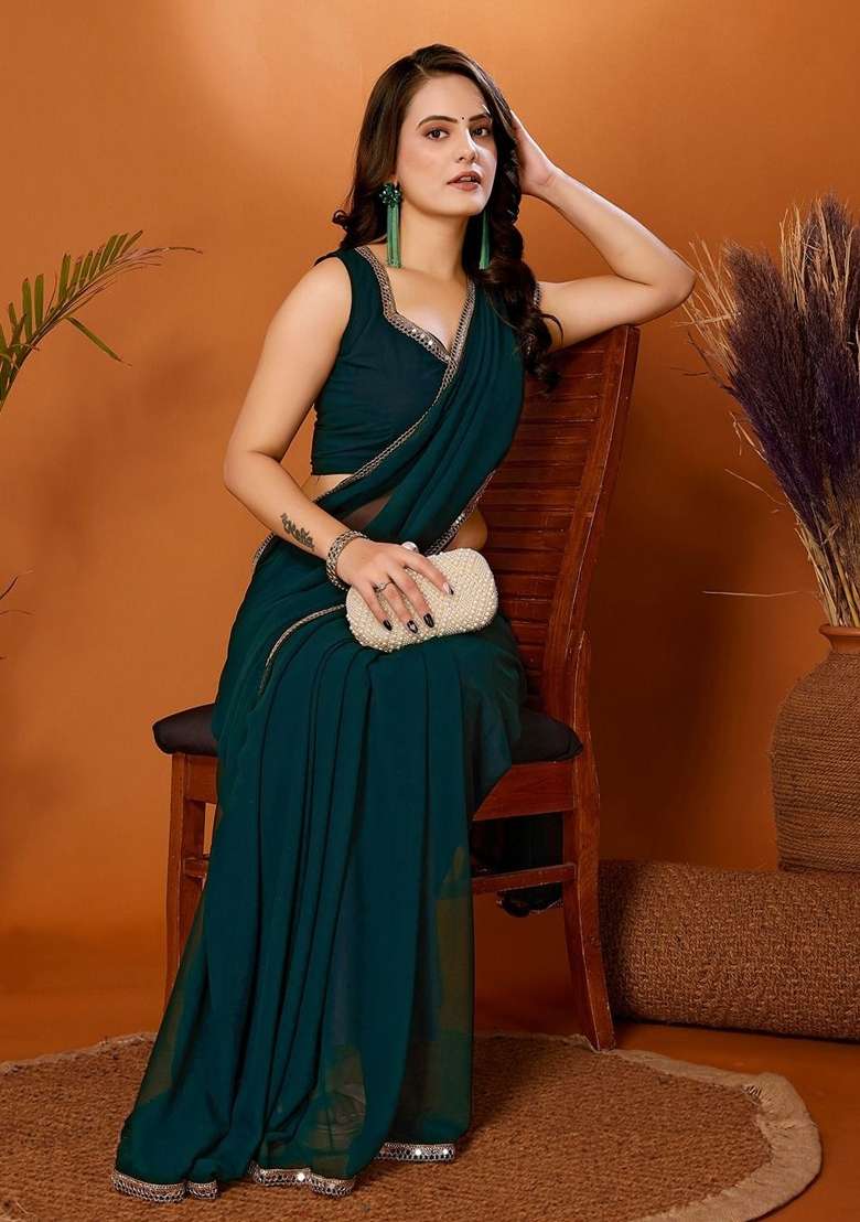 Rama Solid Georgette Blend Saree for Diwali | Wedding & Festive Wear - Indya