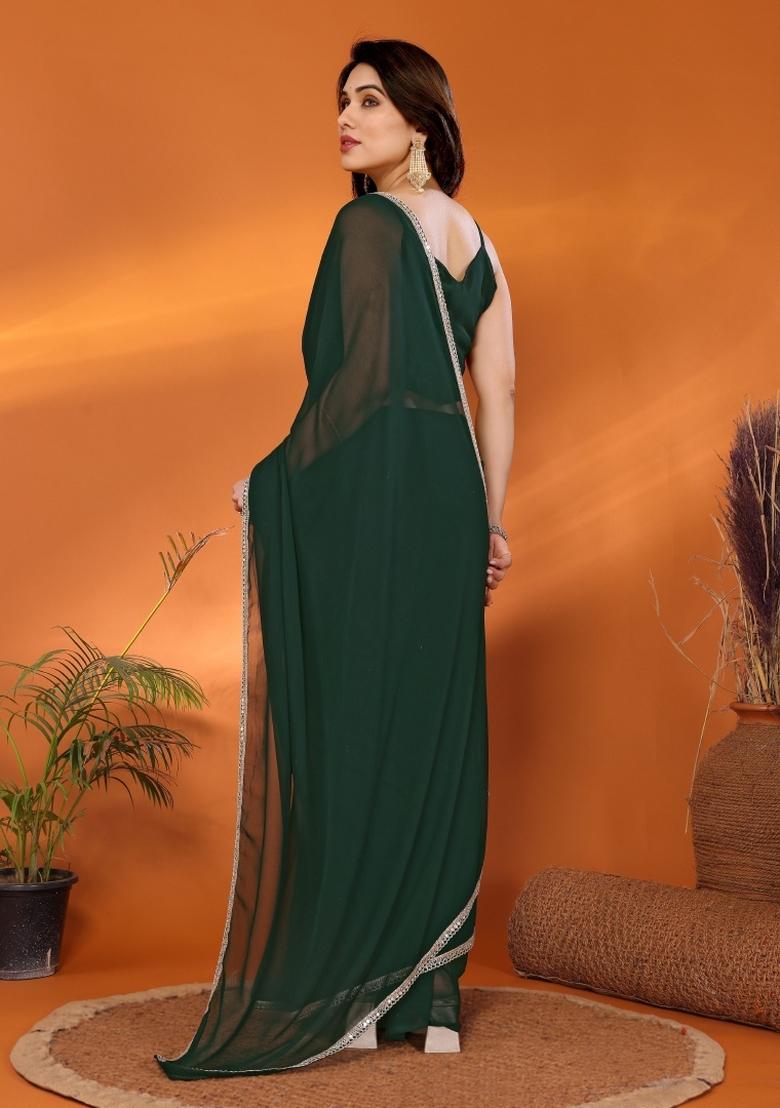 Green Solid Silk Saree - Indya