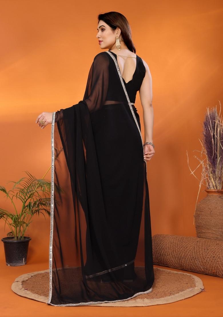 Black Solid Silk Saree - Indya