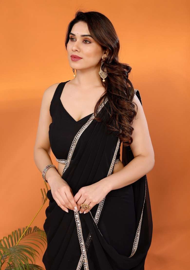 Black Solid Georgette Blend Saree for Diwali and Festive Wear - Indya