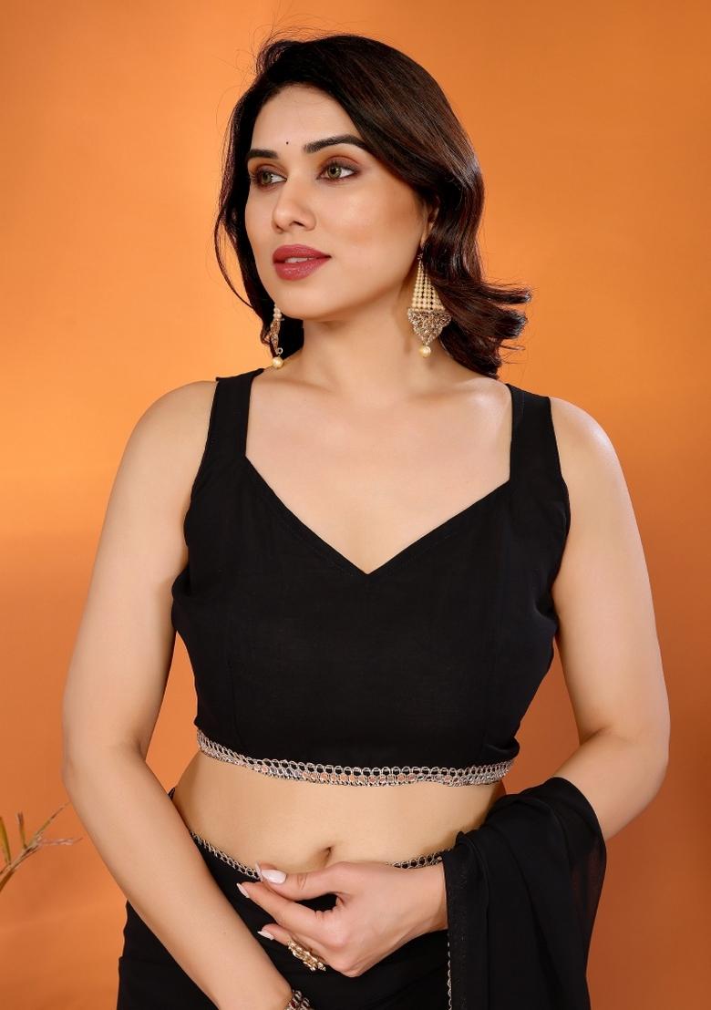 Black Solid Silk Saree - Indya