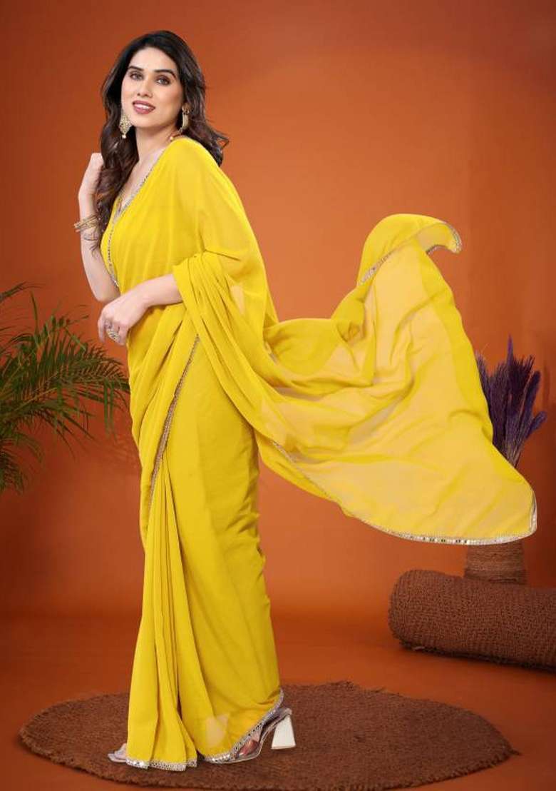 Lemon Yellow Solid Georgette Blend Saree for Diwali | Wedding & Festive Wear - Indya