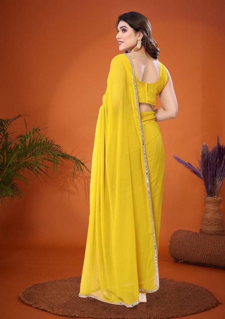 Lemon Yellow Solid Silk Saree - Indya
