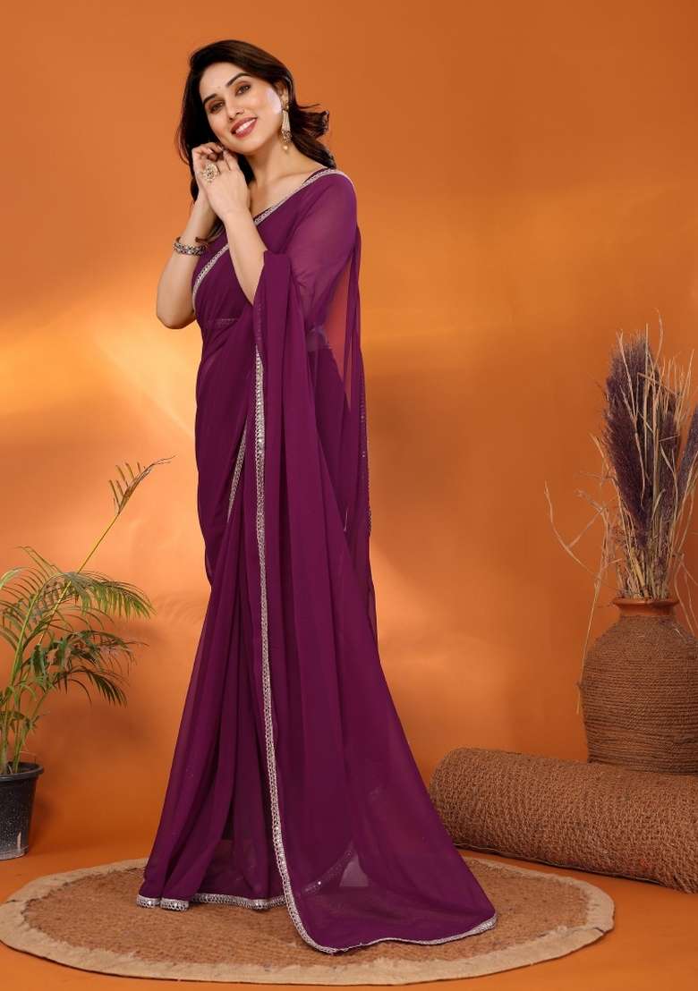 Purple Solid Georgette Blend Saree for Diwali | Wedding & Festive Wear - Indya