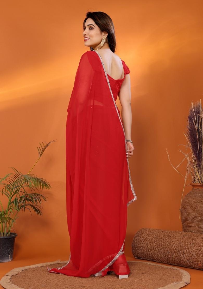 Red Solid Silk Saree - Indya