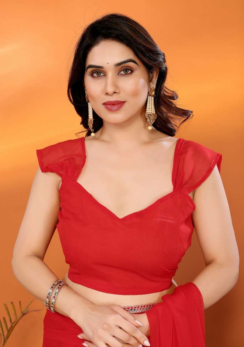 Red Solid Georgette Blend Saree for Diwali and Festive Wear - Indya