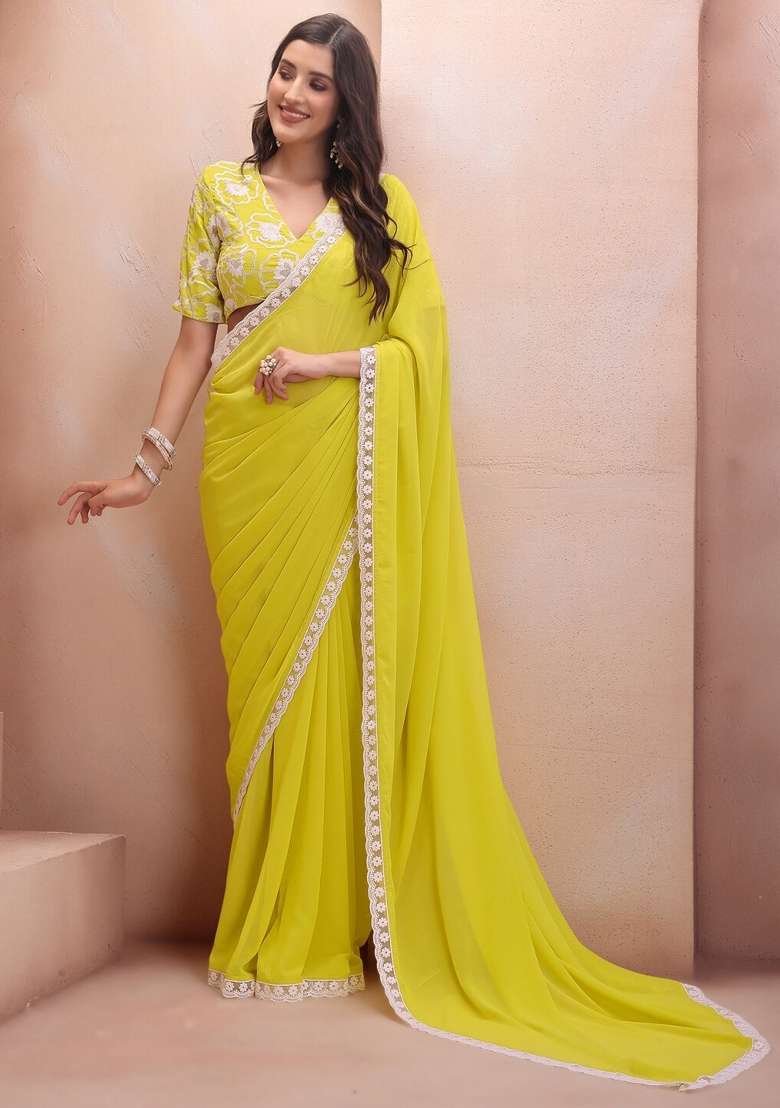 Lemon Yellow Solid Georgette Blend Saree for Diwali | Wedding & Festive Wear - Indya