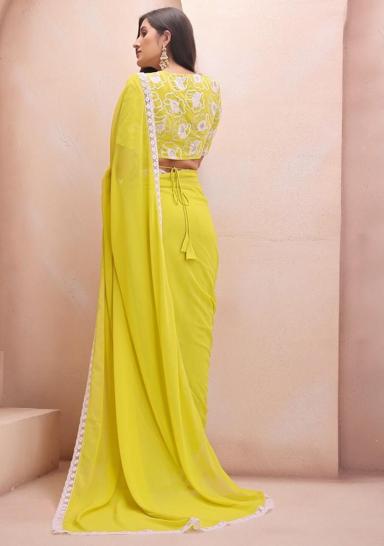Lemon Yellow Solid Silk Saree - Indya