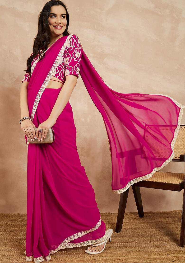 Rani Pink Solid Georgette Blend Saree for Diwali and Festive Wear - Indya