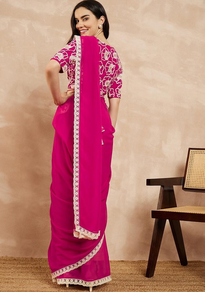 Rani Pink Solid Silk Saree - Indya