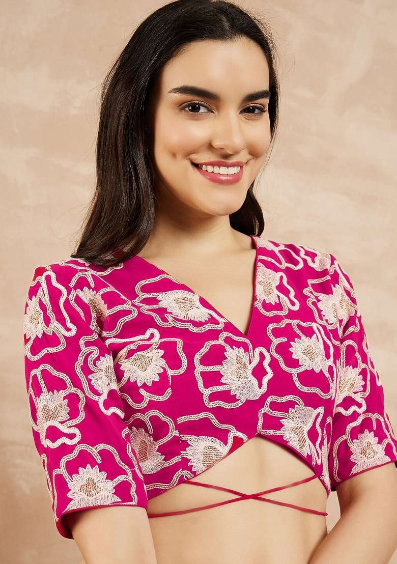 Rani Pink Solid Georgette Blend Saree for Diwali and Festive Wear - Indya