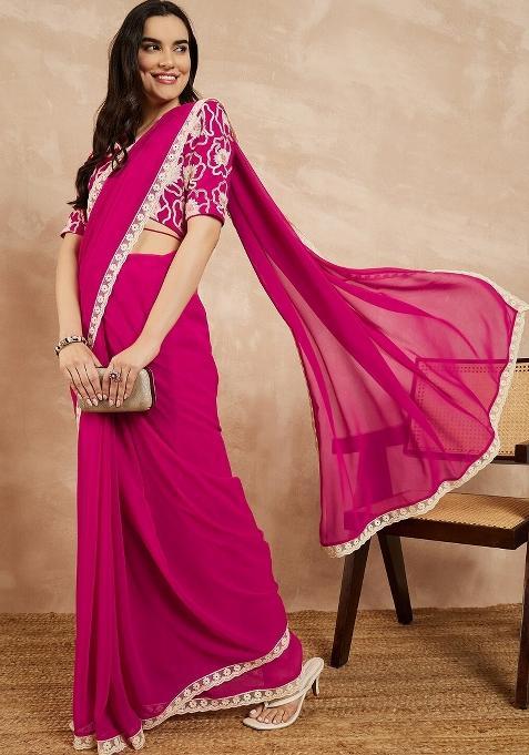 Rani Pink Solid Silk Saree