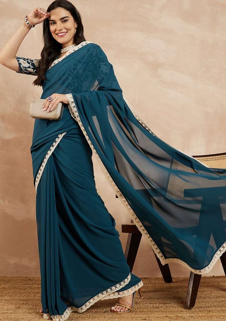 Rama Solid Georgette Blend Saree for Diwali and Festive Wear - Indya
