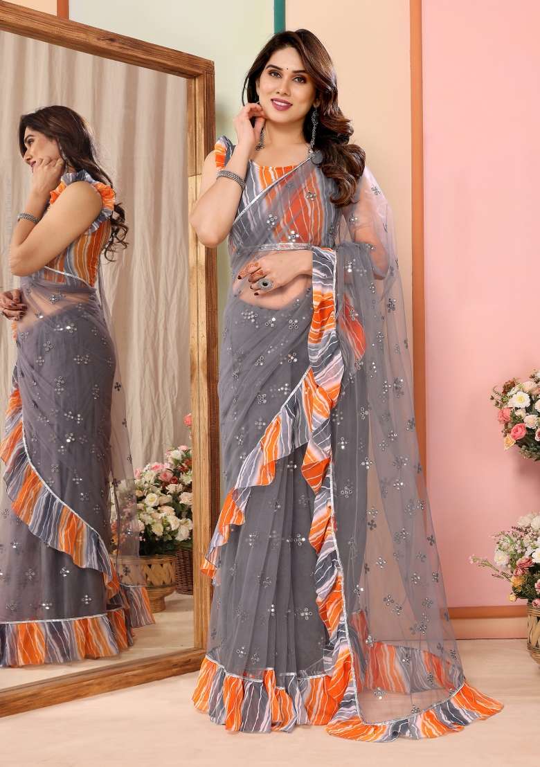 Grey Mirror Work Net Saree for Diwali and Festive Wear - Indya