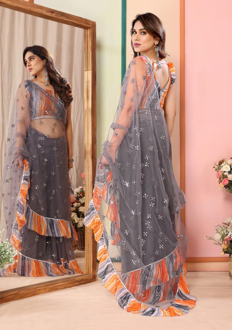 Grey Mirror Work Net Saree - Indya