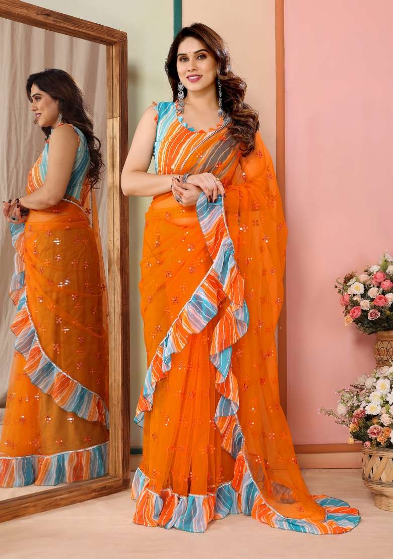 Orange Mirror Work Net Saree for Diwali and Festive Wear - Indya