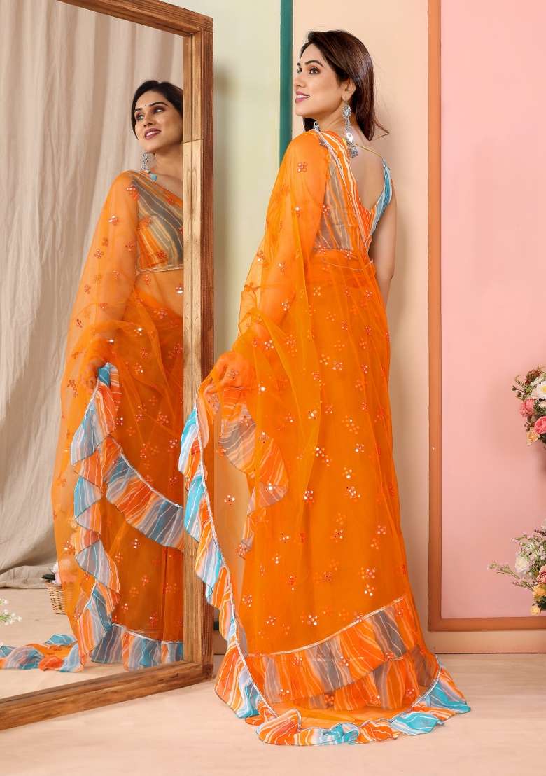 Orange Mirror Work Net Saree for Diwali and Festive Wear - Indya
