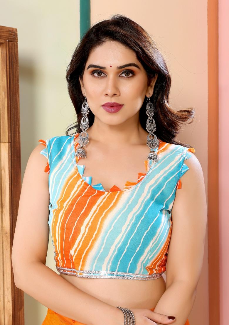 Orange Mirror Work Net Saree - Indya