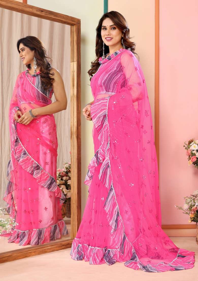 Pink Net Saree with Mirror Work for Diwali | Wedding & Festive Wear - Indya