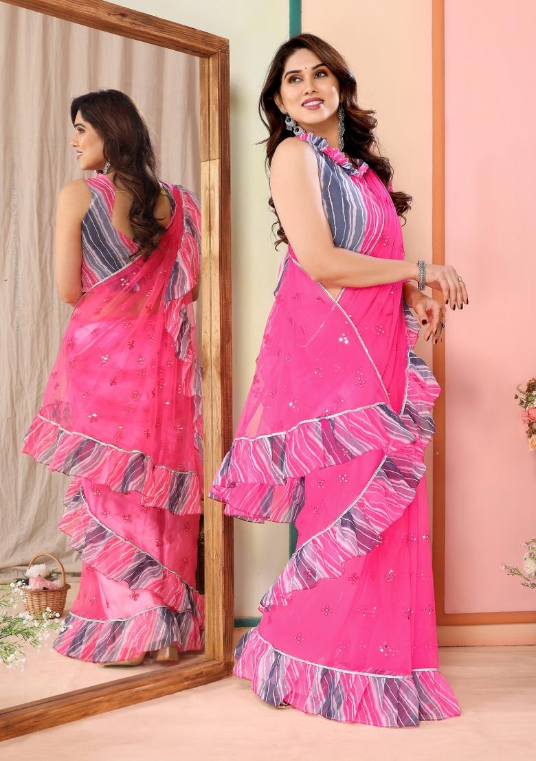 Pink Mirror Work Net Saree - Indya
