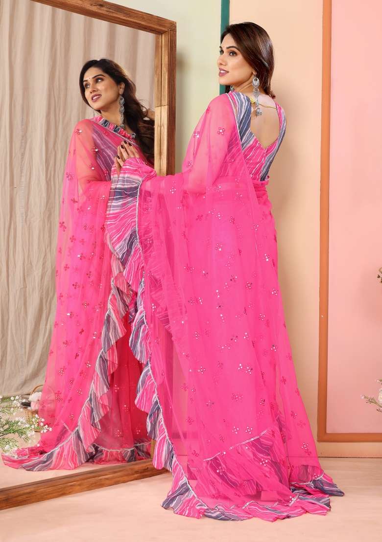 Pink Net Saree with Mirror Work for Diwali | Wedding & Festive Wear - Indya