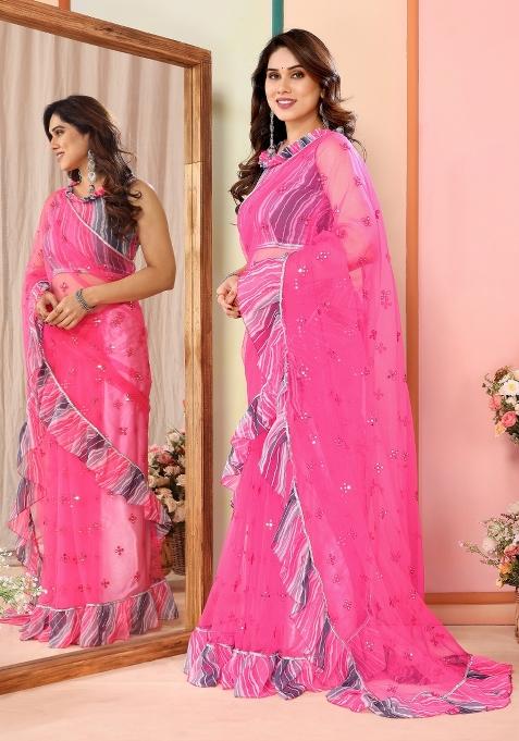 Pink Mirror Work Net Saree
