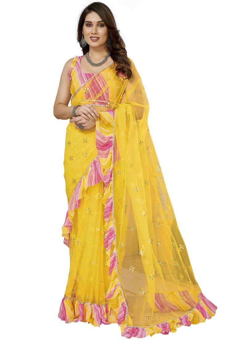 Yellow Mirror Work Net Saree for Diwali and Festive Wear - Indya