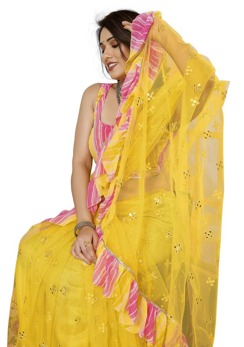 Yellow Mirror Work Net Saree for Diwali and Festive Wear - Indya