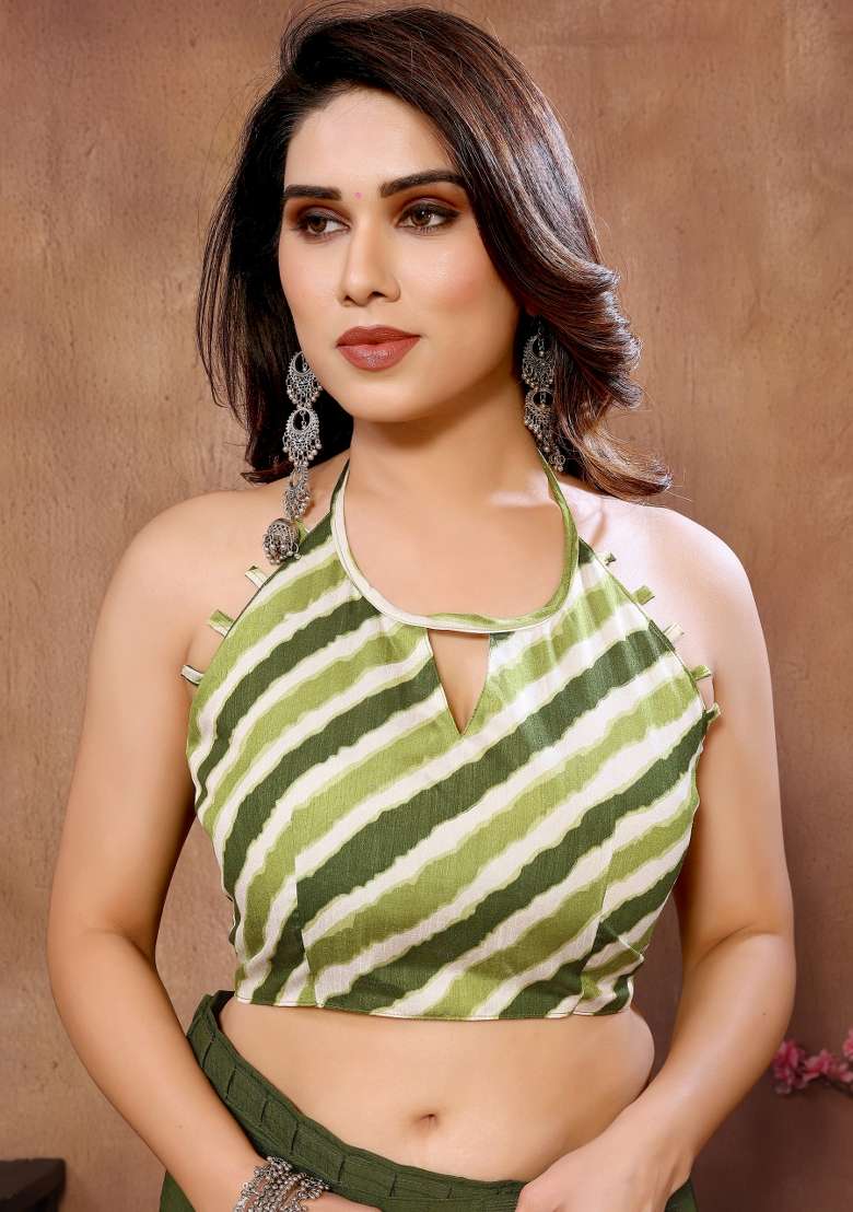 Green Printed Georgette Blend Saree for Diwali and Festive Wear - Indya