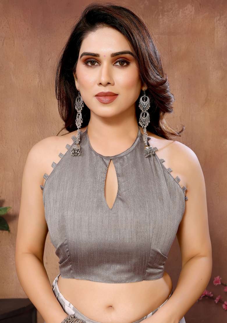 Grey Georgette Blend Saree with Printed for Diwali | Wedding & Festive Wear - Indya