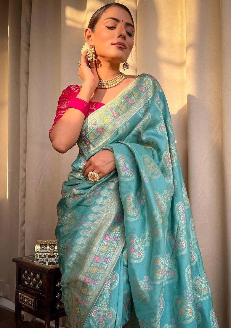 Blue Weaving Work Silk Saree Set - Indya