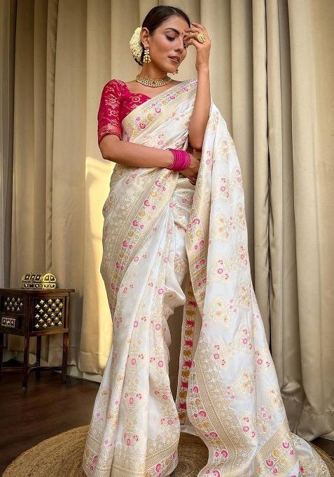 White Weaving Work Silk Saree Set