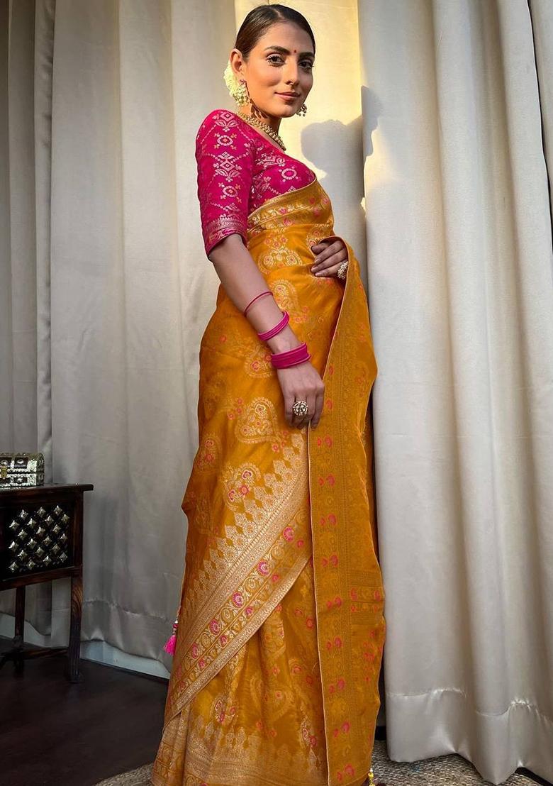 Yellow Weaving Work Silk Saree Set - Indya