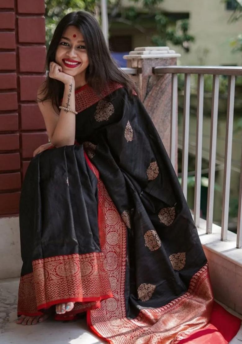 Black Zari Work Silk Saree Set - Indya
